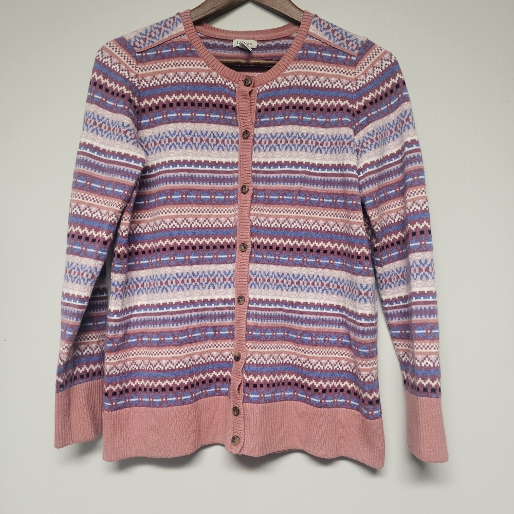 L.L. Bean Cashmere Blend Button Down Cardigan Sweater Fair Isle Pastel Blue - Picture 6 of 9